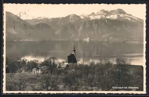 AK Steinbach am Attersee, Uferpartie mit Kirche