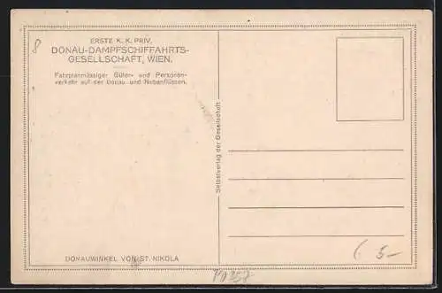 Künstler-AK Rudolf Schmidt: St. Nikola an der Donau, Donauwinkel mit Dampfer