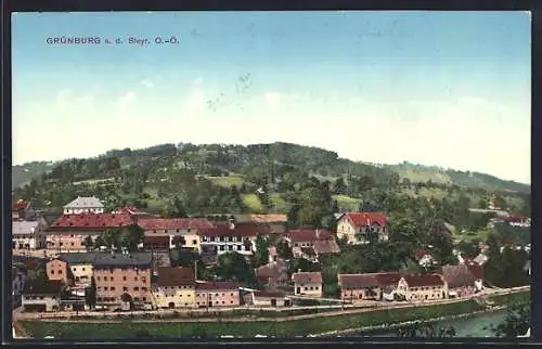 AK Grünburg a. d. Steyr, Ortsansicht mit Steyr aus der Vogelschau