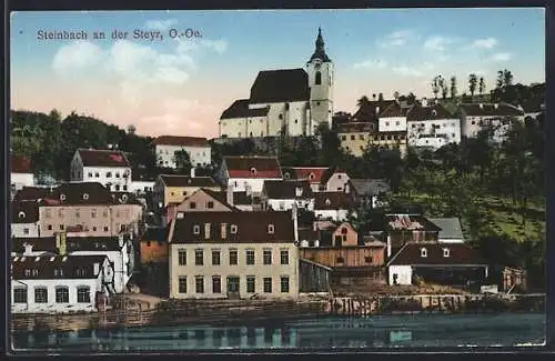 AK Steinbach an der Steyr, Totalansicht mit Kirche vom Fluss aus