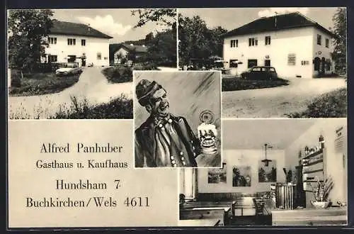 AK Buchkirchen /Wels, Gasthaus-Kaufhaus A. Panhuber, Hundsham 7, mit Innenansicht, Lachender Biertrinker