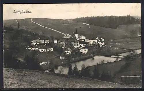 AK Langhalsen, Gesamtansicht mit Brücke von einer Anhöhe aus