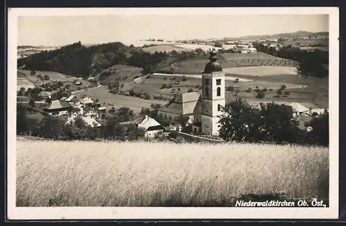 AK Niederwaldkirchen, Teilansicht mit Kirche und Landschaft von einem Feld aus