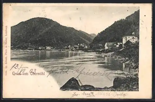 AK Obermühl, Ortsansicht mit Bergpanorama vom Wasser aus