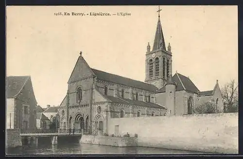 AK Lignières, L`Église et le pont sur la rivière