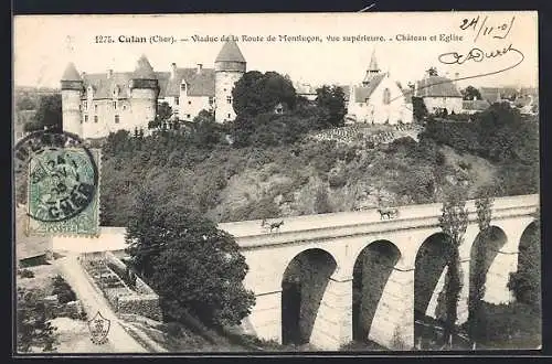 AK Culan, Viaduc de la Route de Montlucon, vue supérieure, Château et Église