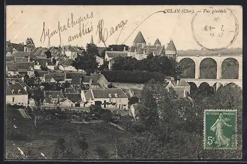 AK Culan, Vue générale avec viaduc et château en arrière-plan