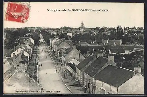 AK St-Florent-sur-Cher, Vue générale de la rue principale et des toits environnants