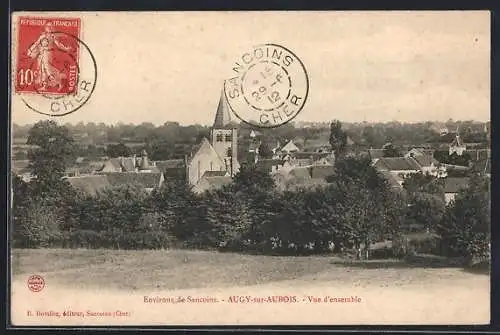 AK Augy-sur-Aubois, Vue d`ensemble du village et de l`église