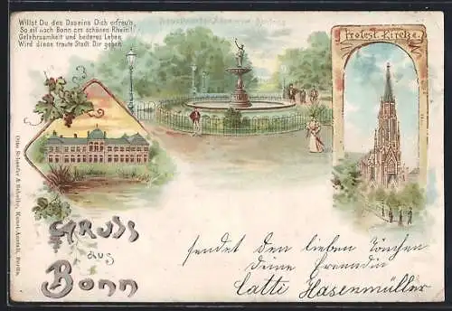 Lithographie Bonn, Blick auf Protest. Kirche, Poppelsdorfer Allee und Schloss, mit Gedicht