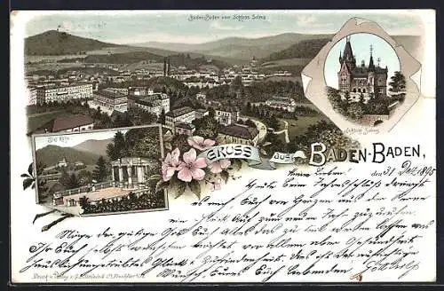 Lithographie Baden-Baden, Schloss Solms, Am Echo, Blick über die Stadt