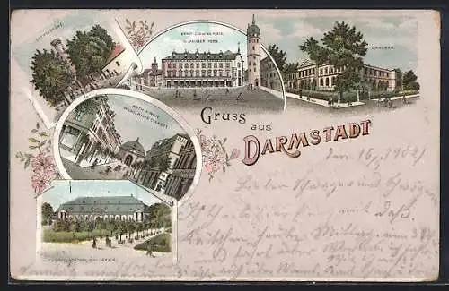 Lithographie Darmstadt, Saalbau, Wilhelminen Strasse mit Kath. Kirche und Ernst Ludwigs Platz m. weissem Turm