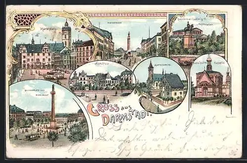 Lithographie Darmstadt, Marktplatz, Denkmal Ludwig IV. und Hoftheater, Schloss, Russische Kapelle