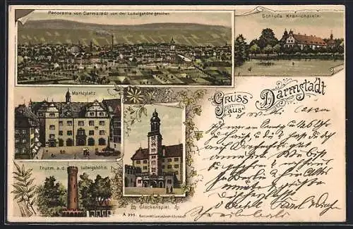 Lithographie Darmstadt, Schloss Kranichstein, Marktplatz, Glockenspiel, Thurm a. d. Ludwigshöhe