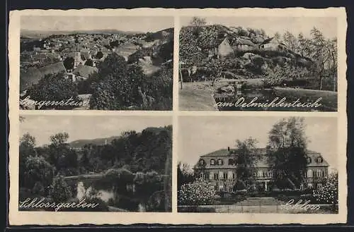 AK Langenstein / Harz, Gesamtansicht, der Oelmühlenteich, Schloss und Schlossgarten