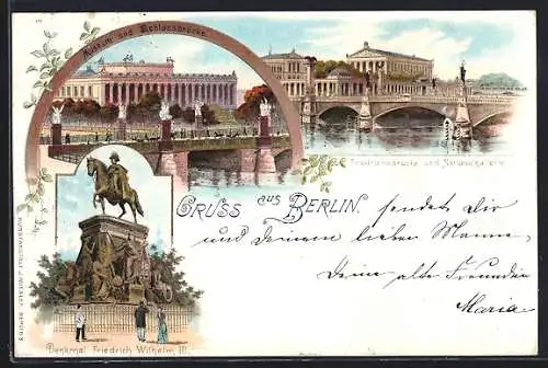 Lithographie Berlin, Museum & Schlossbrücke, Denkmal Kaiser Friedrich Wilhelm III, Friedrichsbrücke & Nationalgalerie