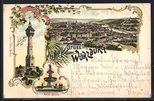 Lithographie Würzburg, Ansicht der Franken-Warte, Kilian-Brunnen, Teilansicht der Stadt