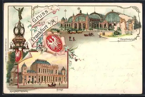 Lithographie Frankfurt /Main, Hauptbahnhof und Börse