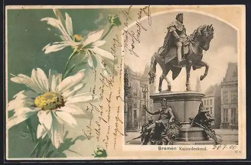 Lithographie Bremen, Kaiserdenkmal im floralen Passepartout