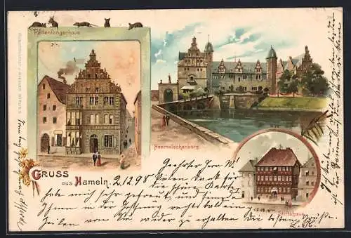 Lithographie Hameln, Haemelschenburg mit Rattenfänger- u. Stiftshaus