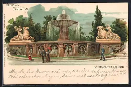 Lithographie München, Wittelsbacherbrunnen mit Passanten