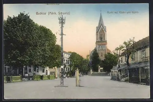 AK Buckow / Märk. Schweiz, Markt mit Kirche und Hotels