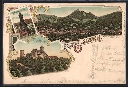 Lithographie Eisenach, Wartburg, Luther Denkmal, Ortspanorama