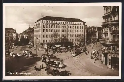 AK Halle /Saale, Strassenbahnen auf dem Riebeckplatz