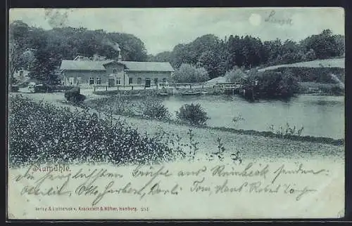 Mondschein-AK Aumühle / Sachsenwald, Partie mit Gasthaus am Wasser