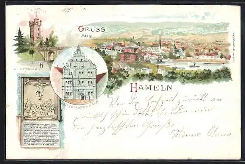 Lithographie Hameln, Rattenfängerhaus, Klütthurm, Totalansicht