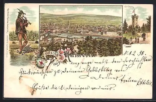 Lithographie Hameln, Klüt-Thurm, der Rattenfänger, Totalansicht