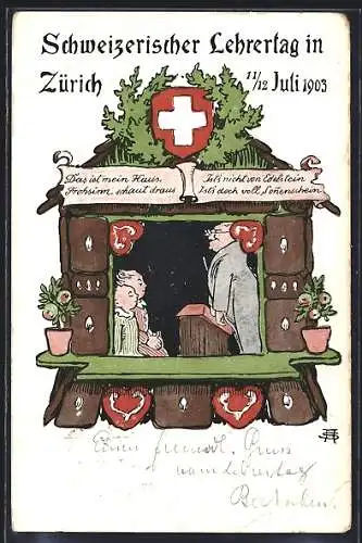 AK Zürich, Schweizerischer Lehrertag 1903, Lehrer mit Schüler in einem Pfefferkuchenhaus