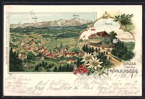 Lithographie St. Gallen, Restaurant Fröhlichsegg mit Bodensee, Ortsansicht mit Teufen u. Säntis