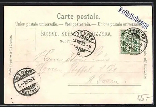 Lithographie St. Gallen, Restaurant Fröhlichsegg mit Bodensee, Ortsansicht mit Teufen u. Säntis
