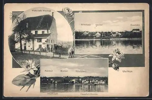 AK Uerikon, Gasthaus Windegg, Teilansicht mit Bahnhof, Moritzli und Schiffwerft