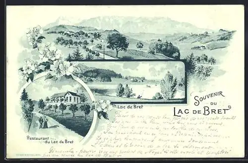 Lithographie Puidoux, Lac de Bret, Restaurant du Lac de Bret, Panorama