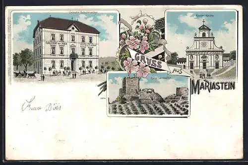 Lithographie Mariastein, Gasthof zum Jura v. Celestin Schuhmacher, Klosterkirche, Ruine Landskron