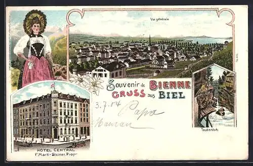 Lithographie Biel, Hotel Central, Taubenloch, Panorama