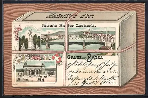 Lithographie Basel, Centralbahnhof, St. Jacobs-Denkmal, Panorama, Ansicht auf Paket feinster Basler Leckerli