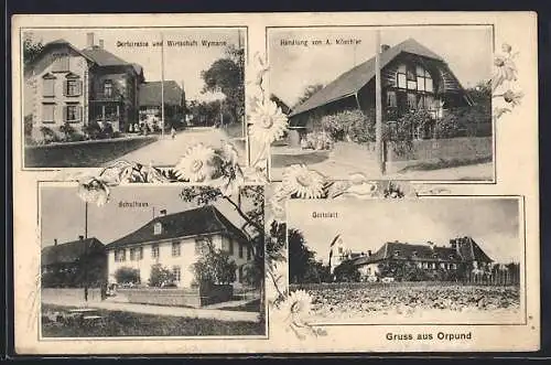 AK Orpund, Handlung von A. Möschler, Dorfstrasse mit Gasthof Wymann, Schule, Gottstatt