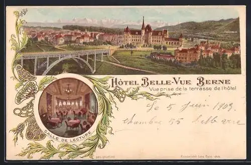 AK Bern, Hotel Belle-Vue, Salle de Lecture, Panorama um 1900