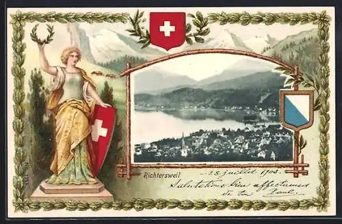 Passepartout-Lithographie Richtersweil, Panoramablick auf Ort und See, Helvetia, Wappen