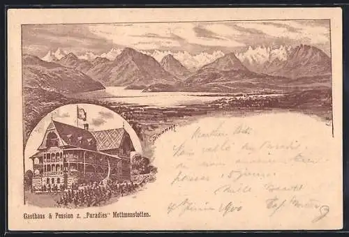 Lithographie Mettmenstetten, Gasthaus & Pension zum Paradies, Panorama