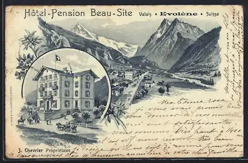 Mondschein-Lithographie Evolène, Hotel-Pension Beau-Site, Ortsansicht gegen das Gebirge