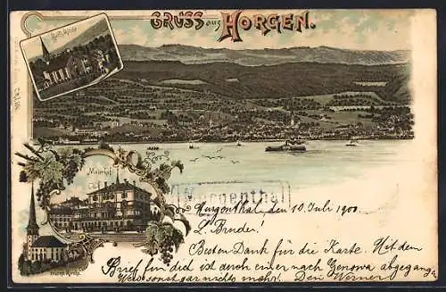 Lithographie Horgen, Hotel Meierhof, Kath. Kirche, Panorama