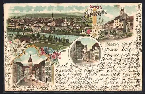 Lithographie Aarau, Blick aus dem Stadthöfli, Haldenthor, Obere Vorstadt