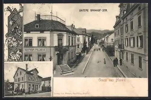 AK Hinwil, Untere Bahnhof-Strasse mit Gasthof z. Feldegg und Hotel Bachtel, Handlung