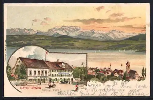 AK Meilen, Hotel Löwen mit Pferdekutsche, Panorama am Abend