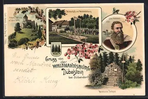 Lithographie Dübendorf, Schloss Dübelstein, Waldmannsdenkmal, Gasthaus zur Waldmannsburg