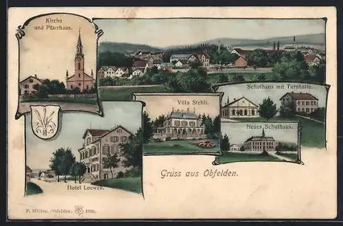 AK Obfelden, Hotel Loewen, Villa Stehli, Schulhaus mit Turnhalle